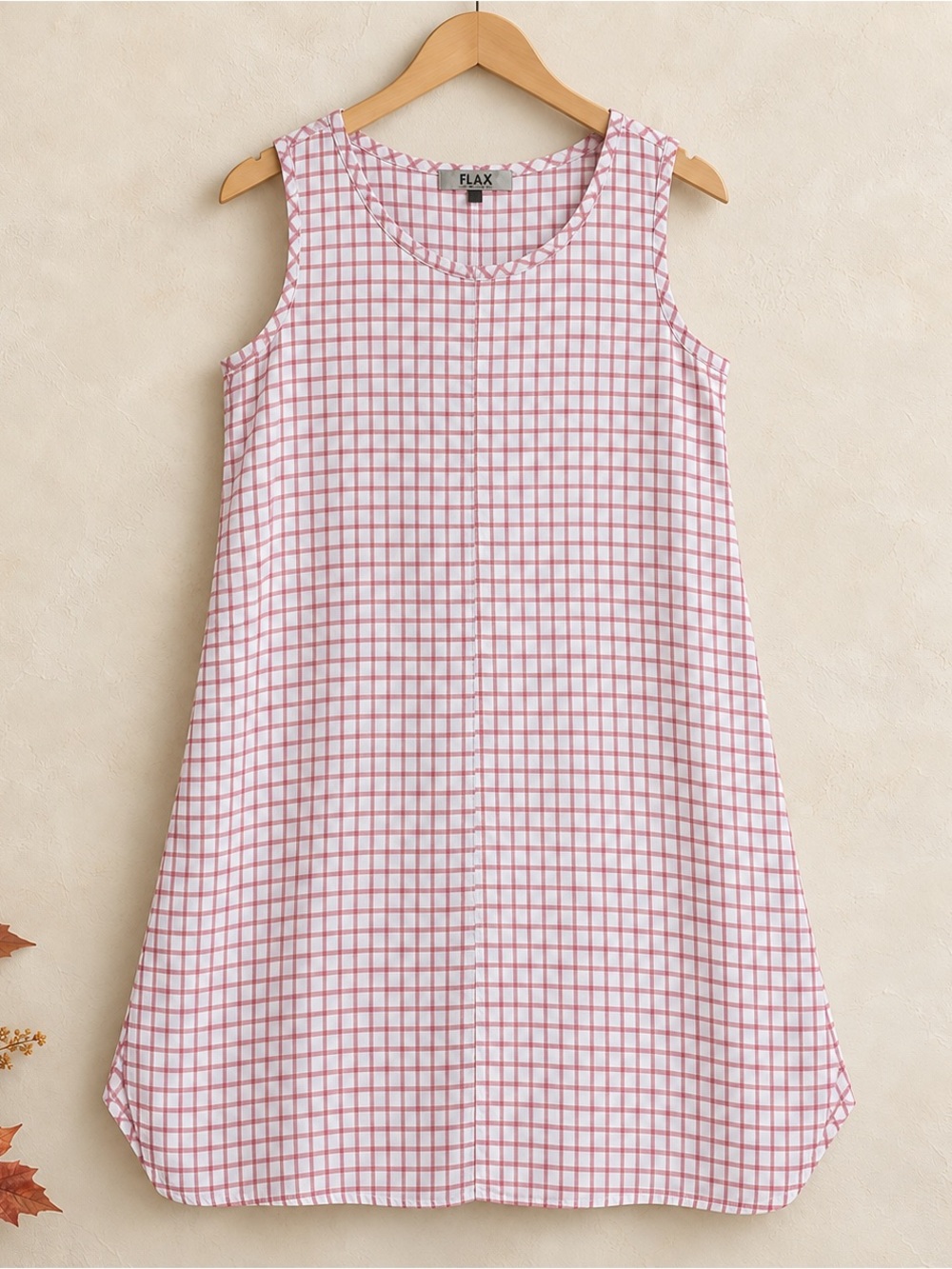 Flax 100% Linen Pink and White Check Sleeveless A-Line Dress